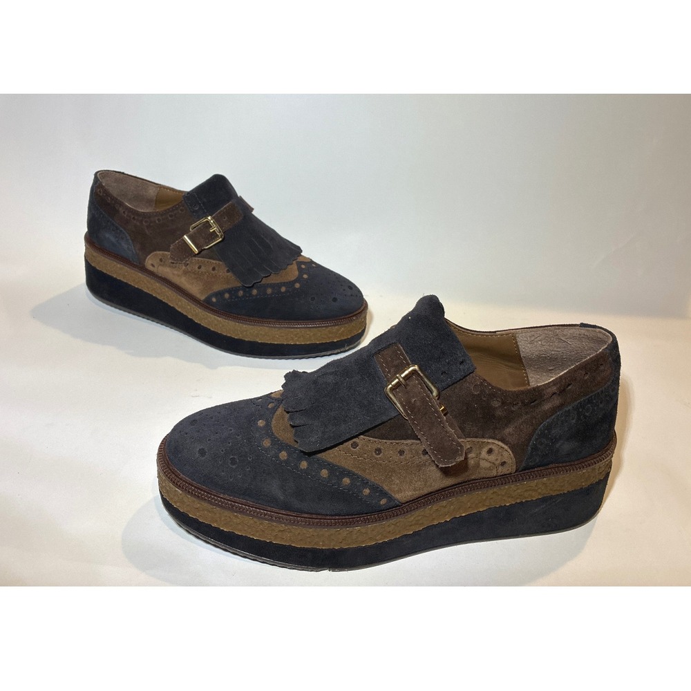 Alpe Woman Shoes Platform Loafers Womens 38 Brown Navy Suede Kiltie Brogue